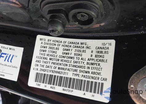 2017 Honda Civic Touring из США, поврежденный, VIN 2HGFC1F92HH631211